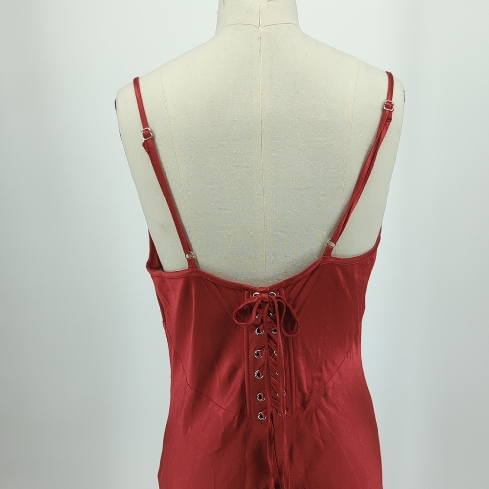 01437 Forever 21 Lace Up Satin Slip Maxi Dress Rustic Red Size Large evening - Picture 4 of 8